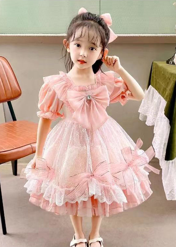 DIY Pink Square Collar Bow Patchwork Tulle Kids Vacation Long Dresses Summer