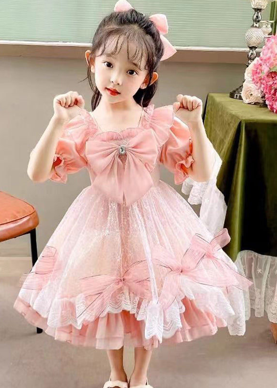 DIY Pink Square Collar Bow Patchwork Tulle Kids Vacation Long Dresses Summer