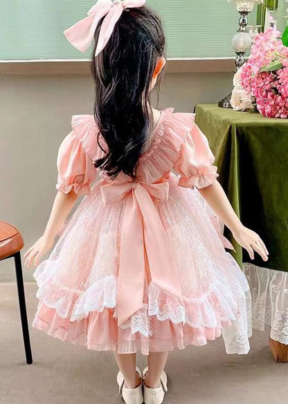 DIY Pink Square Collar Bow Patchwork Tulle Kids Vacation Long Dresses Summer