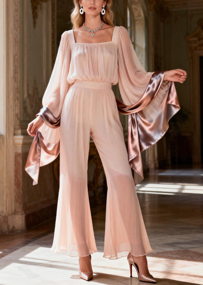 DIY Pink Square Collar Wrinkled Silk Top And Flared Trousers Two Piece Set Spring