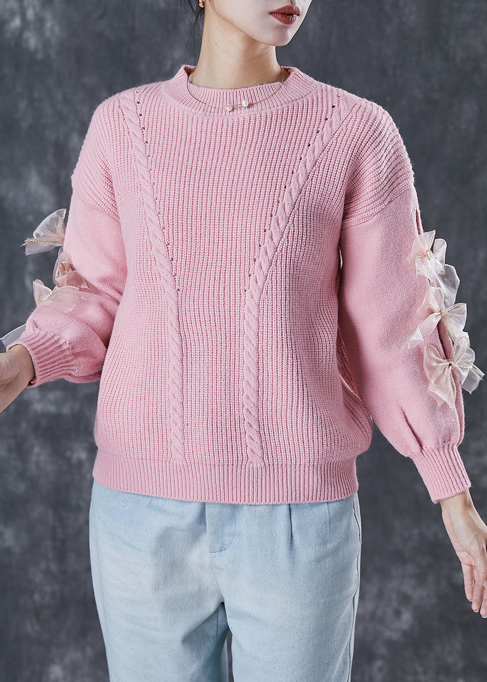 DIY Pink Thick Patchwork Bow Knit Sweater Winter