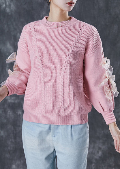 DIY Pink Thick Patchwork Bow Knit Sweater Winter