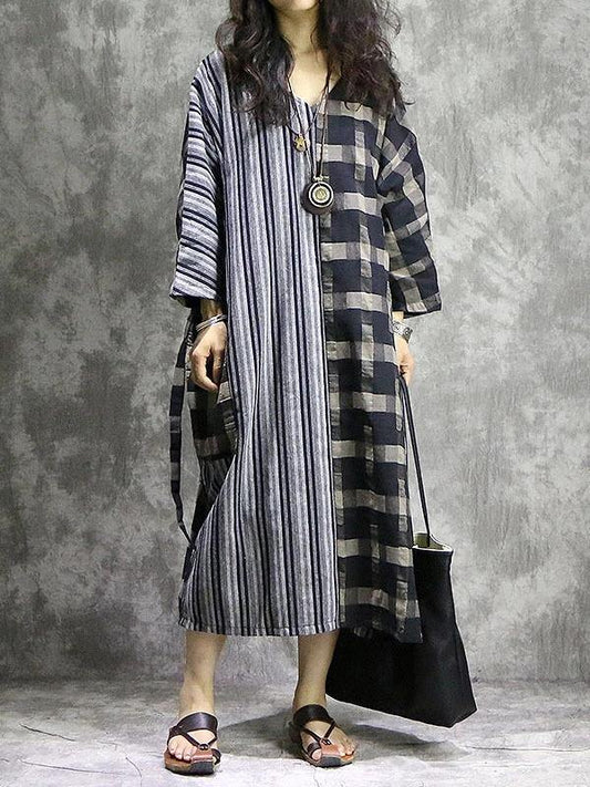 DIY Plaid patchwork striped cotton linen quilting dresses v neck pockets Maxi Dress - SooLinen