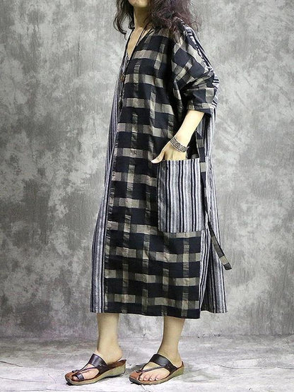 DIY Plaid patchwork striped cotton linen quilting dresses v neck pockets Maxi Dress - SooLinen