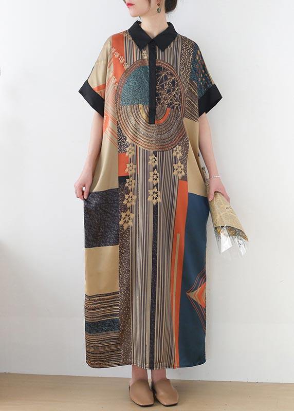 DIY Print Peter Pan Collar Button Robe Summer Chiffon Dress - SooLinen