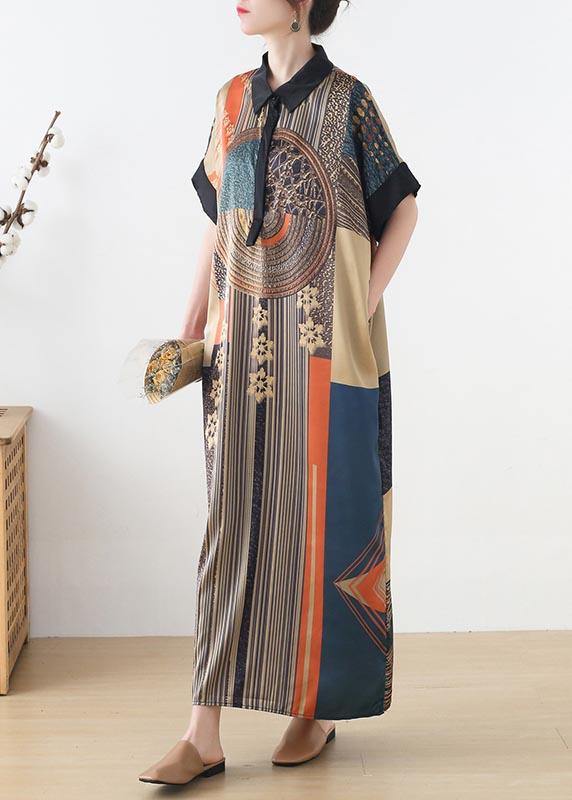 DIY Print Peter Pan Collar Button Robe Summer Chiffon Dress - SooLinen