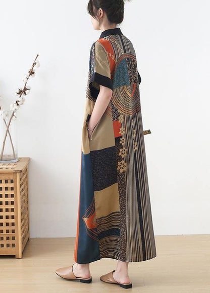 DIY Print Peter Pan Collar Button Robe Summer Chiffon Dress - SooLinen