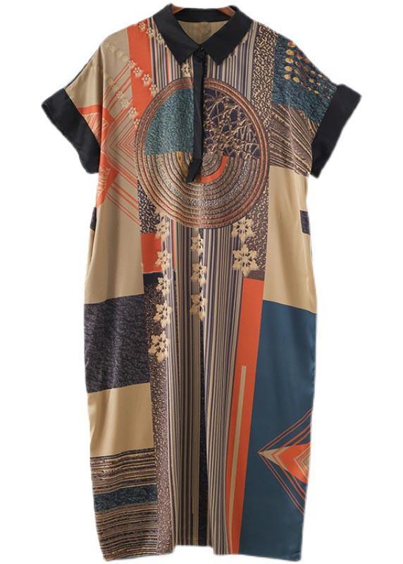 DIY Print Peter Pan Collar Button Robe Summer Chiffon Dress - SooLinen