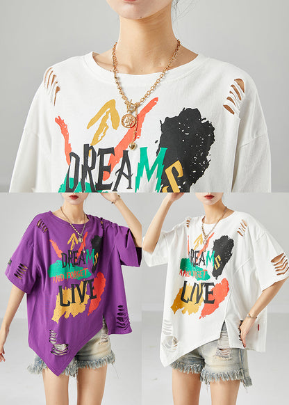 DIY Purple Asymmetrical Print Cotton Tank Tops Summer