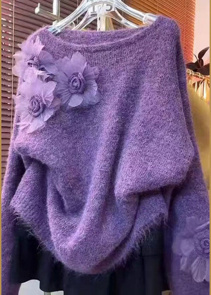 DIY Purple O-Neck Floral Knitted Tops Winter