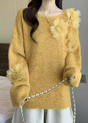 DIY Purple O-Neck Floral Knitted Tops Winter