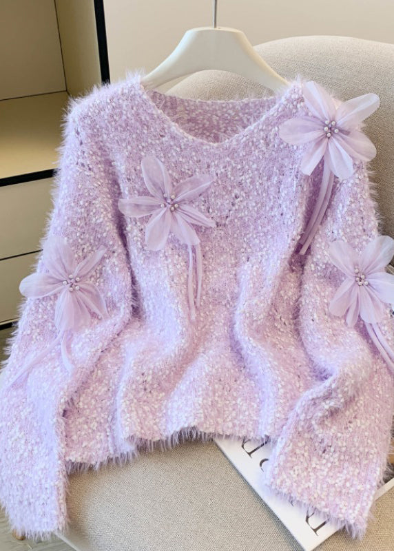 DIY Purple Oversized Floral Faux Mink Hair Knitted Pullover Winter