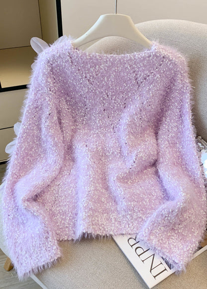 DIY Purple Oversized Floral Faux Mink Hair Knitted Pullover Winter