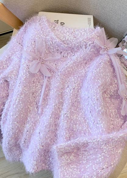 DIY Purple Oversized Floral Faux Mink Hair Knitted Pullover Winter