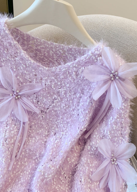 DIY Purple Oversized Floral Faux Mink Hair Knitted Pullover Winter