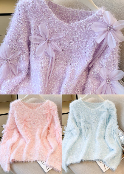 DIY Purple Oversized Floral Faux Mink Hair Knitted Pullover Winter