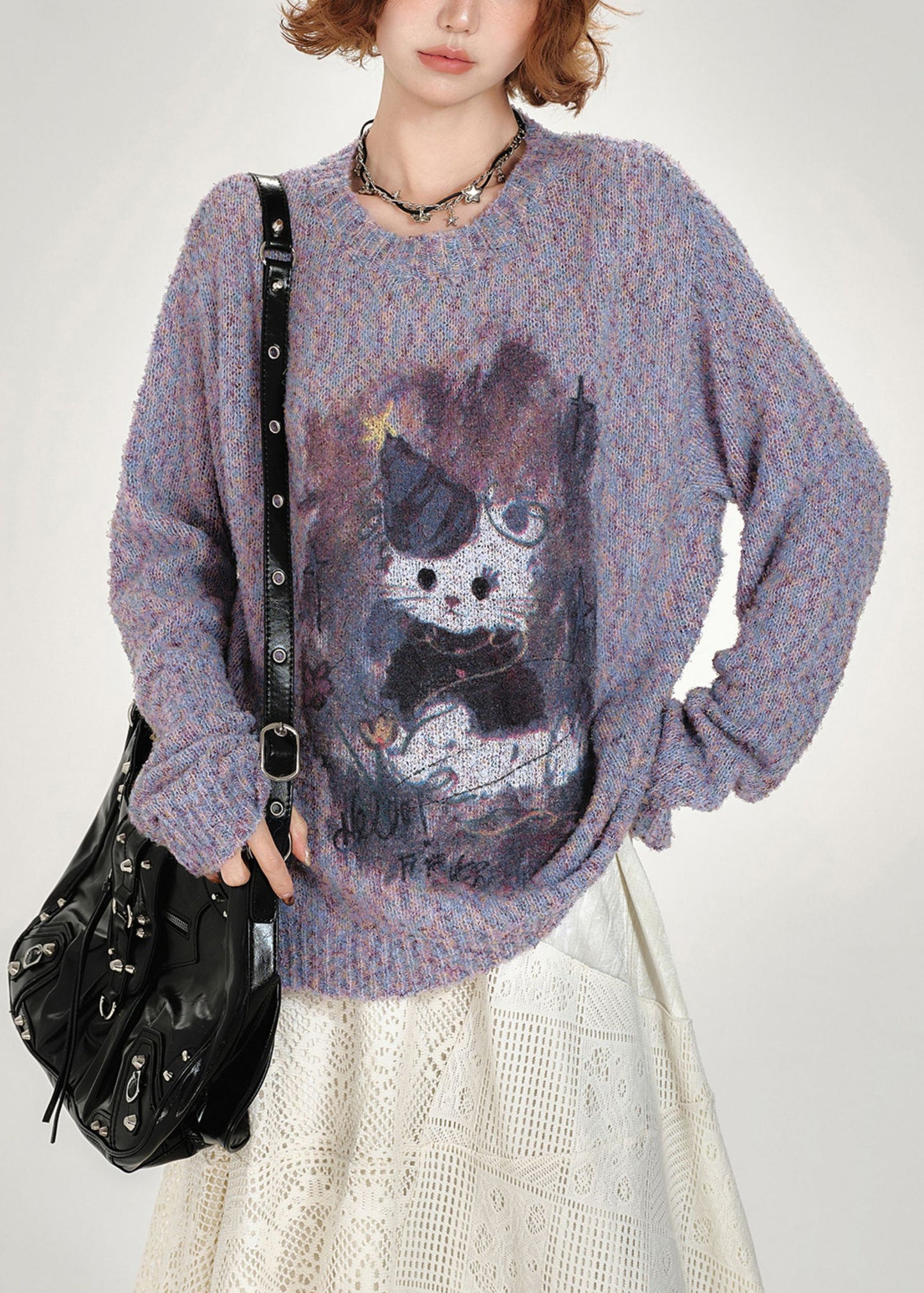 DIY Purple Oversized Print Knitted Tops Winter
