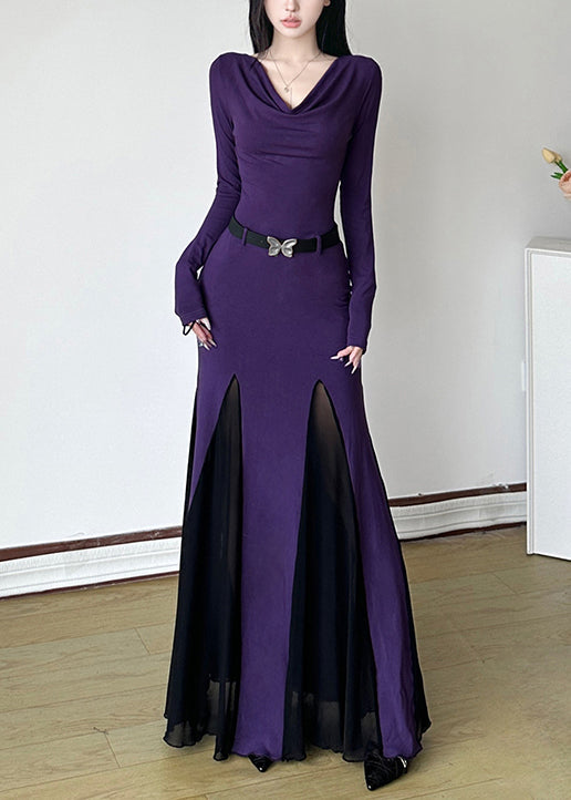 DIY Purple Turtle Neck Patchwork Cotton Party Dress Spring