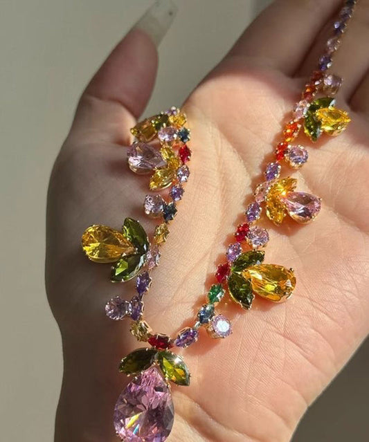DIY Rainbow Alloy Crystal Floral Leaf Water Droplet Pendant Necklace
