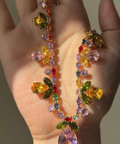 DIY Rainbow Alloy Crystal Floral Leaf Water Droplet Pendant Necklace