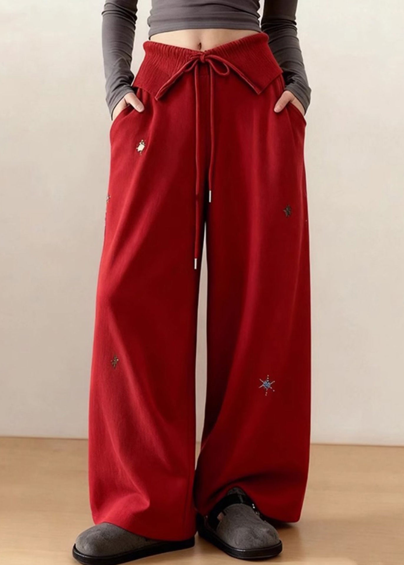 DIY Red Embroidered Tie Waist Cotton Straight Pants Spring