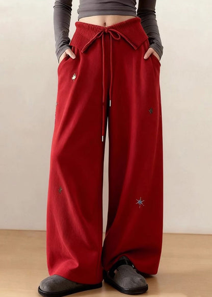 DIY Red Embroidered Tie Waist Cotton Straight Pants Spring