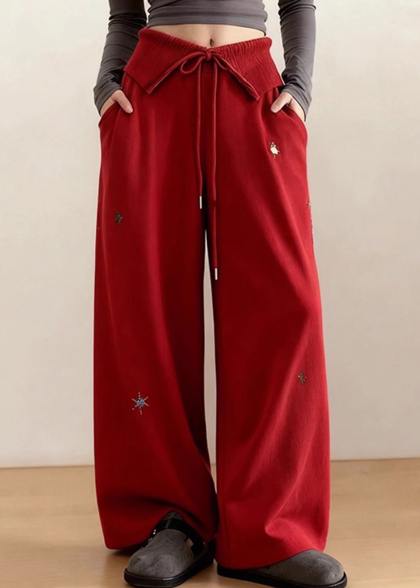 DIY Red Embroidered Tie Waist Cotton Straight Pants Spring