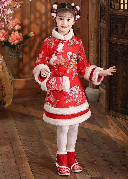 DIY Red Fuzzy Fur Fluffy Warm Girls Long Dress Long Sleeve