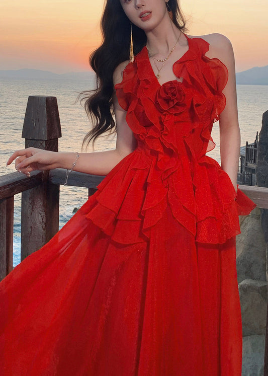 DIY Red Halter Ruffled Patchwork Tulle Holiday Maxi Dress Summer