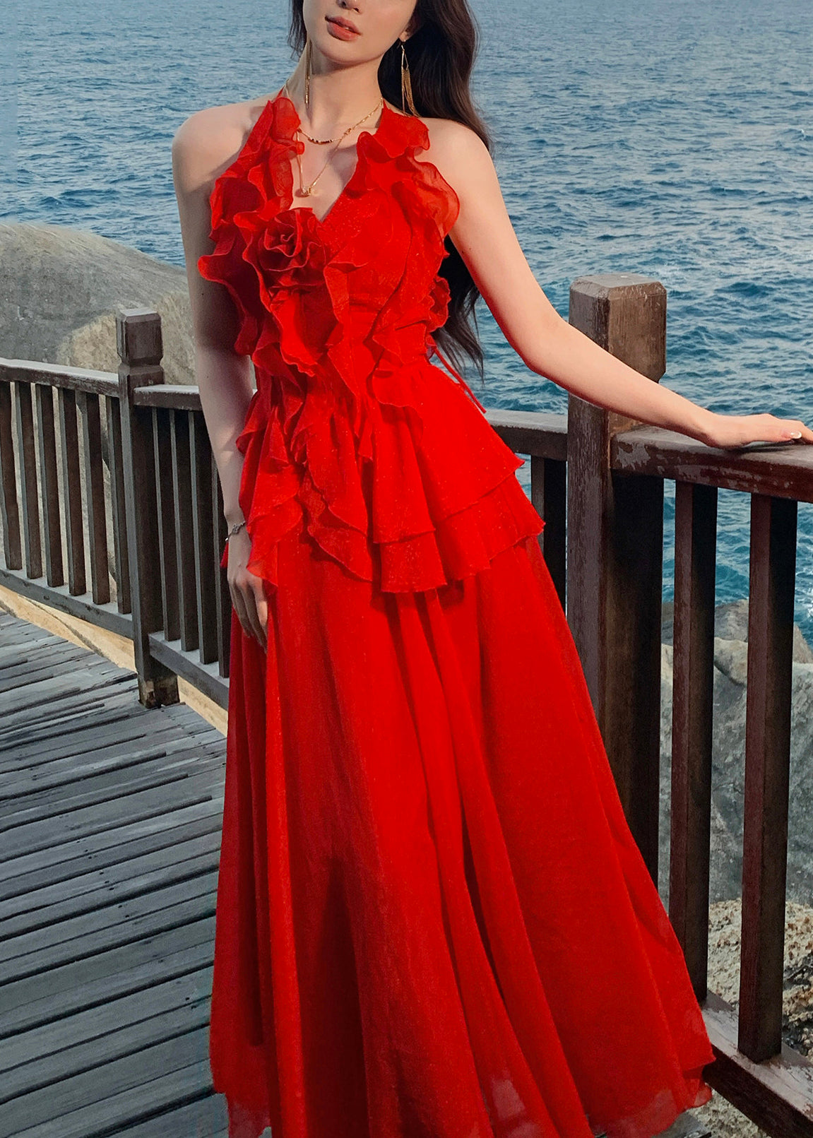 DIY Red Halter Ruffled Patchwork Tulle Holiday Maxi Dress Summer