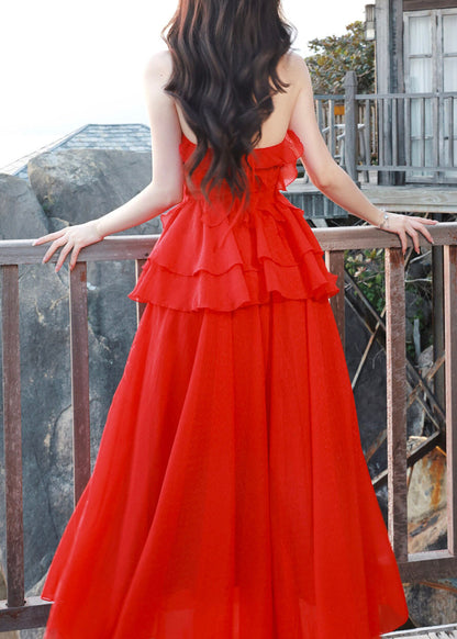 DIY Red Halter Ruffled Patchwork Tulle Holiday Maxi Dress Summer
