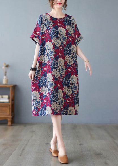 DIY Red O-Neck Floral Print Pockets Cotton Holiday Dress Short Sleeve