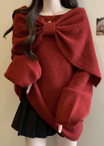 DIY Red Oversized Bow Knit Sweaters Two Piece Set Fall