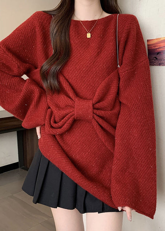 DIY Red Oversized Bow Knit Sweaters Two Piece Set Fall