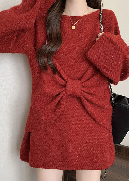 DIY Red Oversized Bow Knit Sweaters Two Piece Set Fall