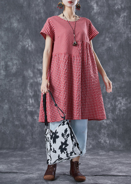 DIY Red Oversized Patchwork Plaid Linen Dresses Summer