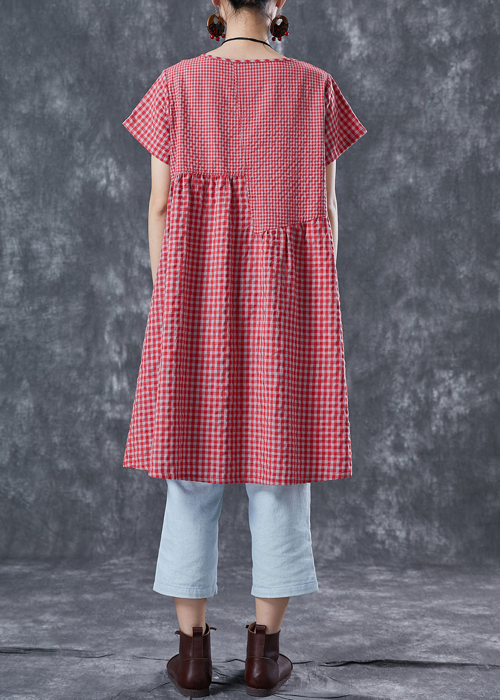 DIY Red Oversized Patchwork Plaid Linen Dresses Summer