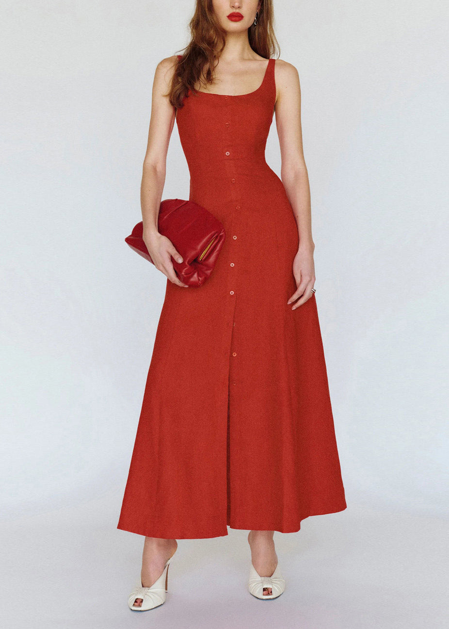 DIY Red Side Open Button Down Cotton Maxi Dress Sleeveless
