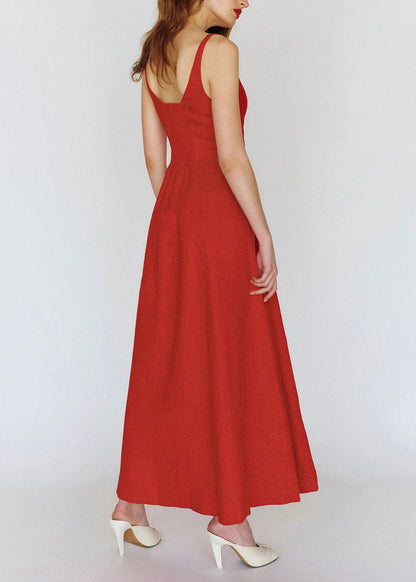 DIY Red Side Open Button Down Cotton Maxi Dress Sleeveless