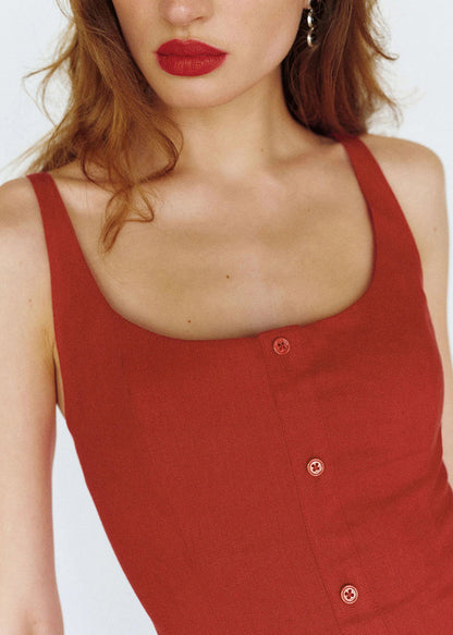 DIY Red Side Open Button Down Cotton Maxi Dress Sleeveless
