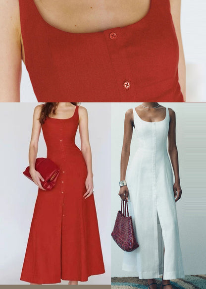 DIY Red Side Open Button Down Cotton Maxi Dress Sleeveless