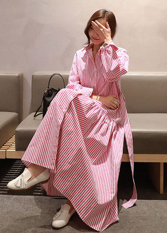 DIY Red Striped Peter Pan Collar Button Tie Waist Wrinkled Cotton Dress Long Sleeve