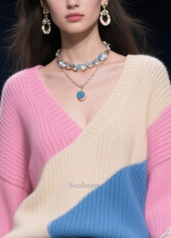 DIY Rose Asymmetrical Patchwork Lace Knit Tops Winter