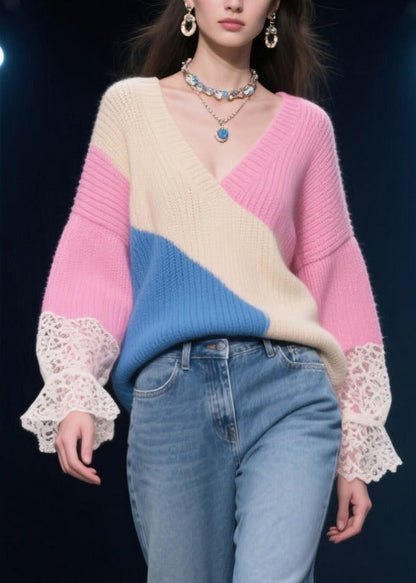 DIY Rose Asymmetrical Patchwork Lace Knit Tops Winter