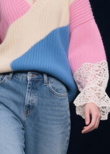 DIY Rose Asymmetrical Patchwork Lace Knit Tops Winter