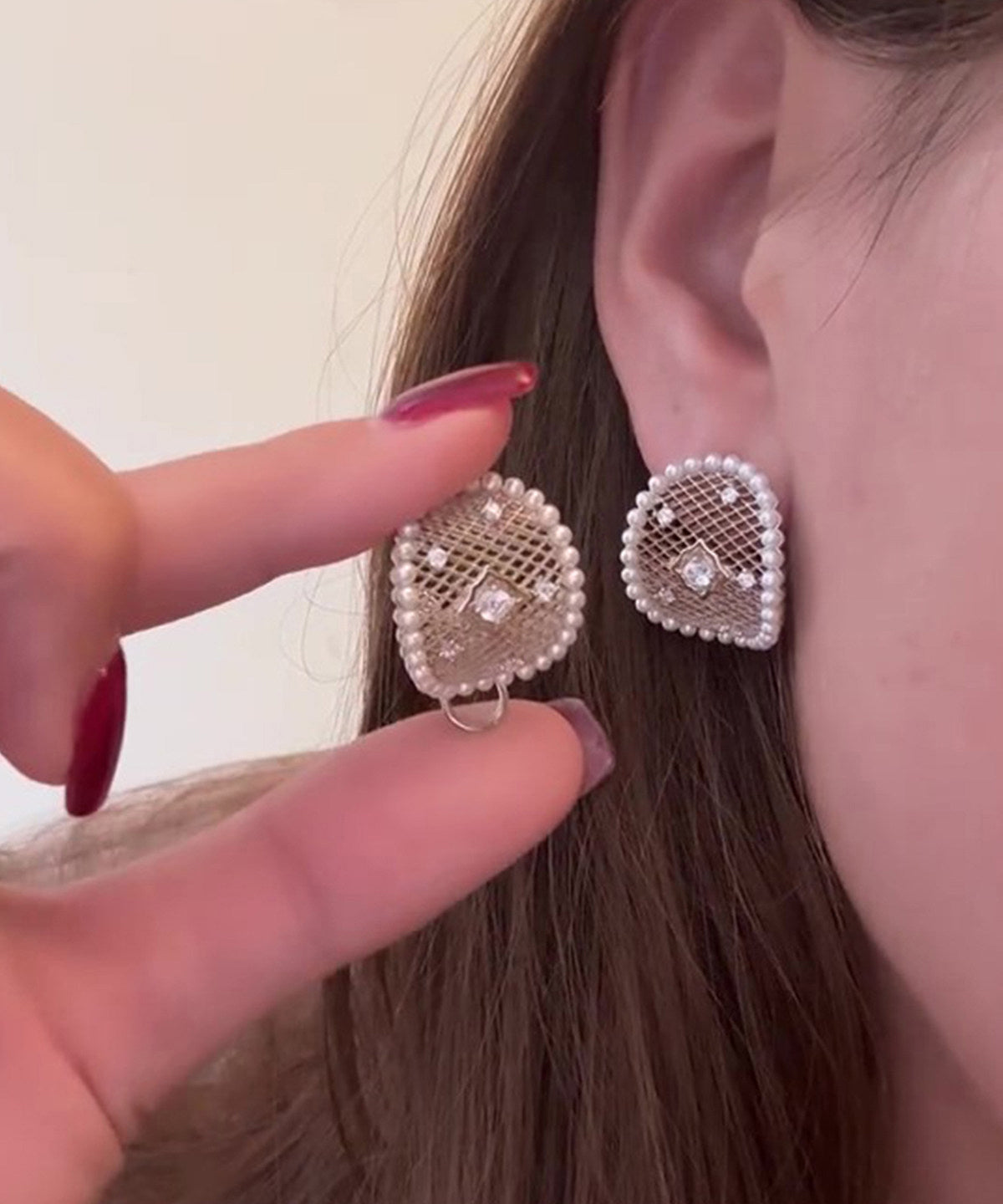 DIY Silk Copper Overgild Pearl Hollow Out Lace Stud Earrings