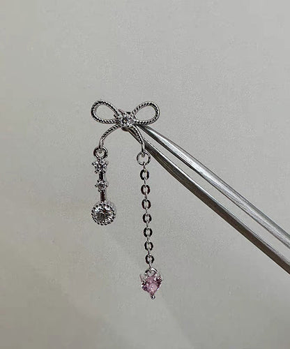 DIY Silk Copper Zircon Love Bow Tassel Single Drop Earrings