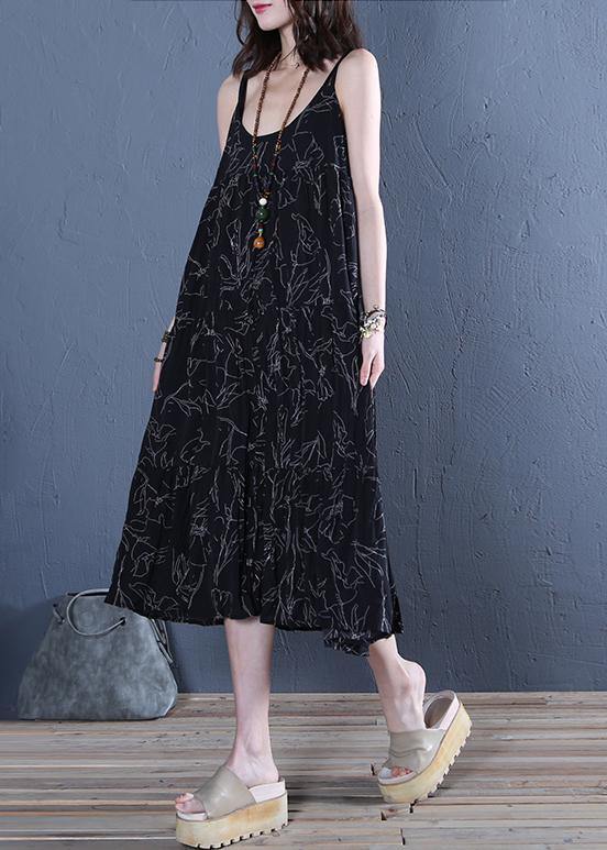 DIY Spaghetti Strap cotton dresses Outfits black print cotton Dress - SooLinen