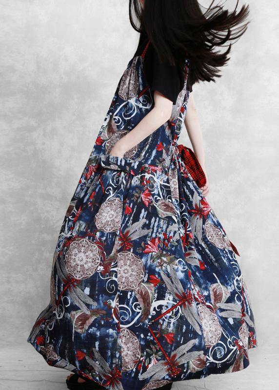 DIY Spaghetti Strap pockets dress design blue print Dress - SooLinen