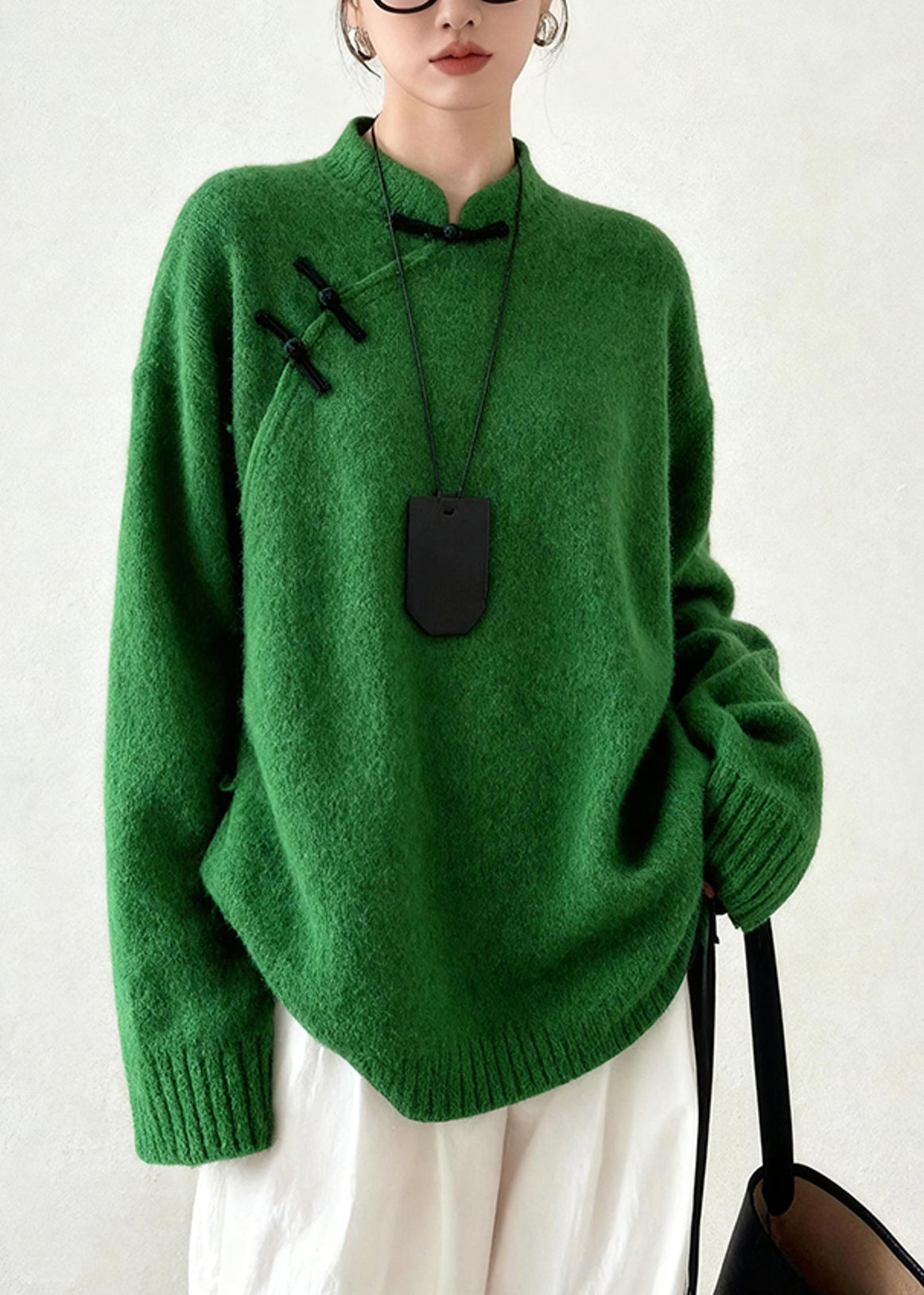 DIY Tea Green Mandarin Collar Chinese Button Knit Sweater Tops Winter